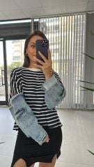 Dr 2485 Kolu Denimli Siyah Çizgili Sweat