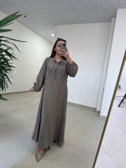 Fl 2348 Yaka Fular Detaylı Haki Kuşaklı Elbise