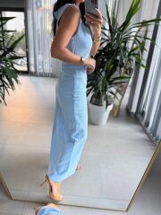 Np 6022 Kare Yaka Düğme Detaylı Bebe Mavi Elbise