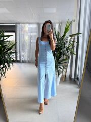 Np 6022 Kare Yaka Düğme Detaylı Bebe Mavi Elbise