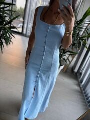 Np 6022 Kare Yaka Düğme Detaylı Bebe Mavi Elbise