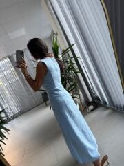 Np 6022 Kare Yaka Düğme Detaylı Bebe Mavi Elbise