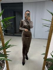 Ms Drapeli Vizon Kadife Elbise