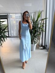 Np 6022 Kare Yaka Düğme Detaylı Bebe Mavi Elbise