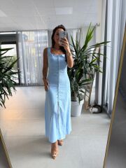 Np 6022 Kare Yaka Düğme Detaylı Bebe Mavi Elbise