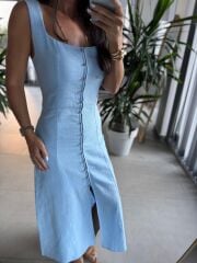 Np 6022 Kare Yaka Düğme Detaylı Bebe Mavi Elbise