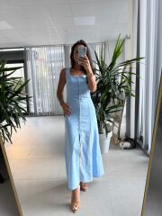 Np 6022 Kare Yaka Düğme Detaylı Bebe Mavi Elbise