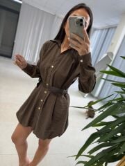 Kd 7897 Balon Etekli Kemerli Gömlek Elbise