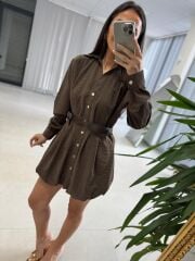 Kd 7897 Balon Etekli Kemerli Gömlek Elbise