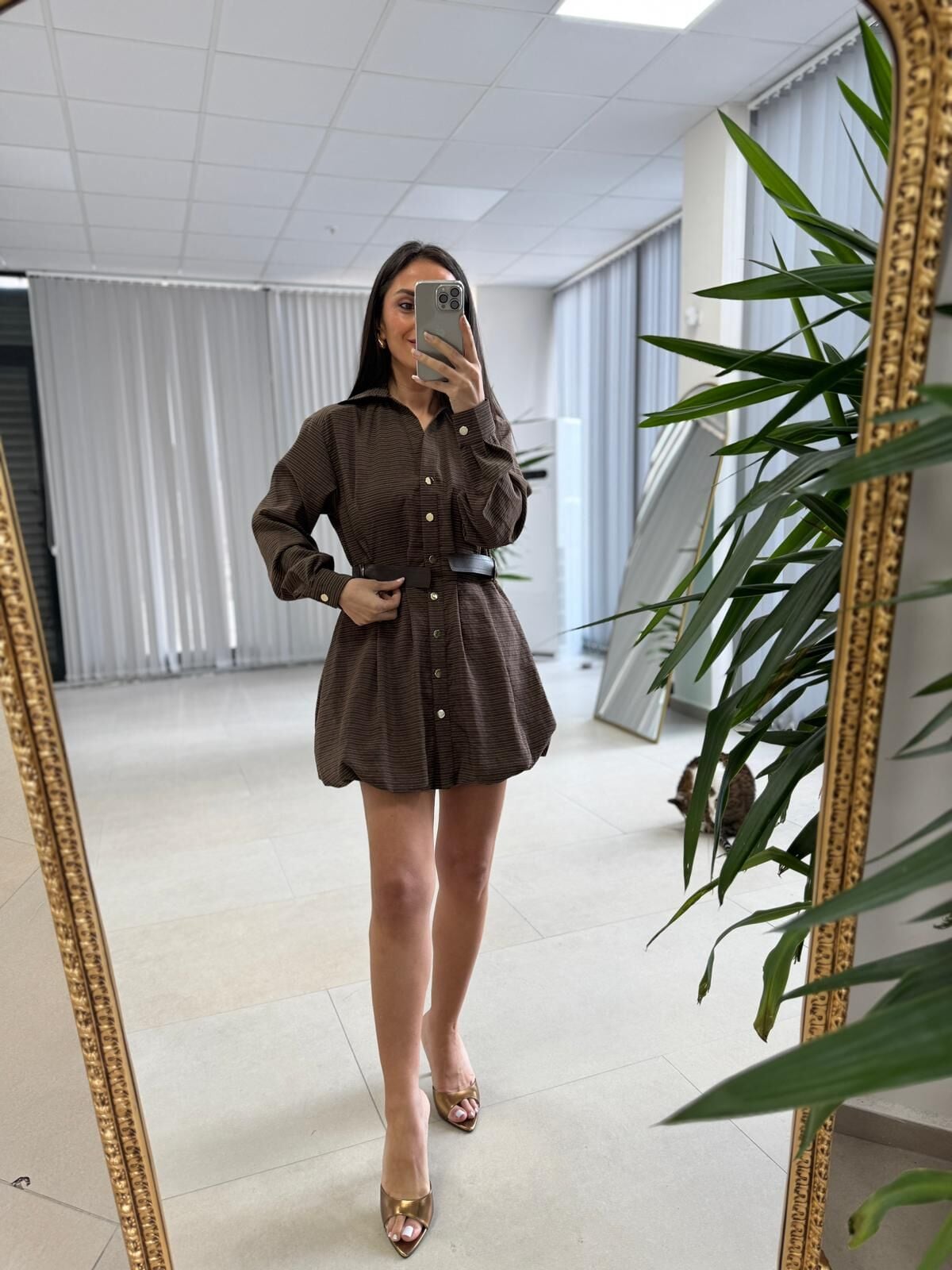 Kd 7897 Balon Etekli Kemerli Gömlek Elbise