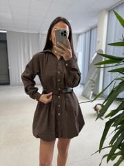 Kd 7897 Balon Etekli Kemerli Gömlek Elbise