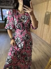 Maksiboy Pembe siyah çiçekli maroken elbise
