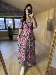 Maksiboy Pembe siyah çiçekli maroken elbise