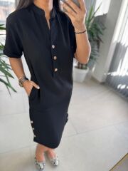 Art. Kemik Düğmeli Siyah Elbise