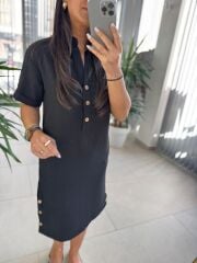 Art. Kemik Düğmeli Siyah Elbise