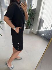 Art. Kemik Düğmeli Siyah Elbise