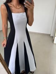 Ms 27 Asil Tensel Siyah-Beyaz Maksi Elbise