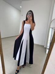 Ms 27 Asil Tensel Siyah-Beyaz Maksi Elbise