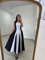 Ms 27 Asil Tensel Siyah-Beyaz Maksi Elbise