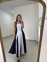 Ms 27 Asil Tensel Siyah-Beyaz Maksi Elbise