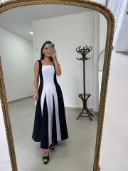 Ms 27 Asil Tensel Siyah-Beyaz Maksi Elbise