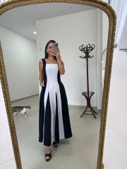 Ms 27 Asil Tensel Siyah-Beyaz Maksi Elbise