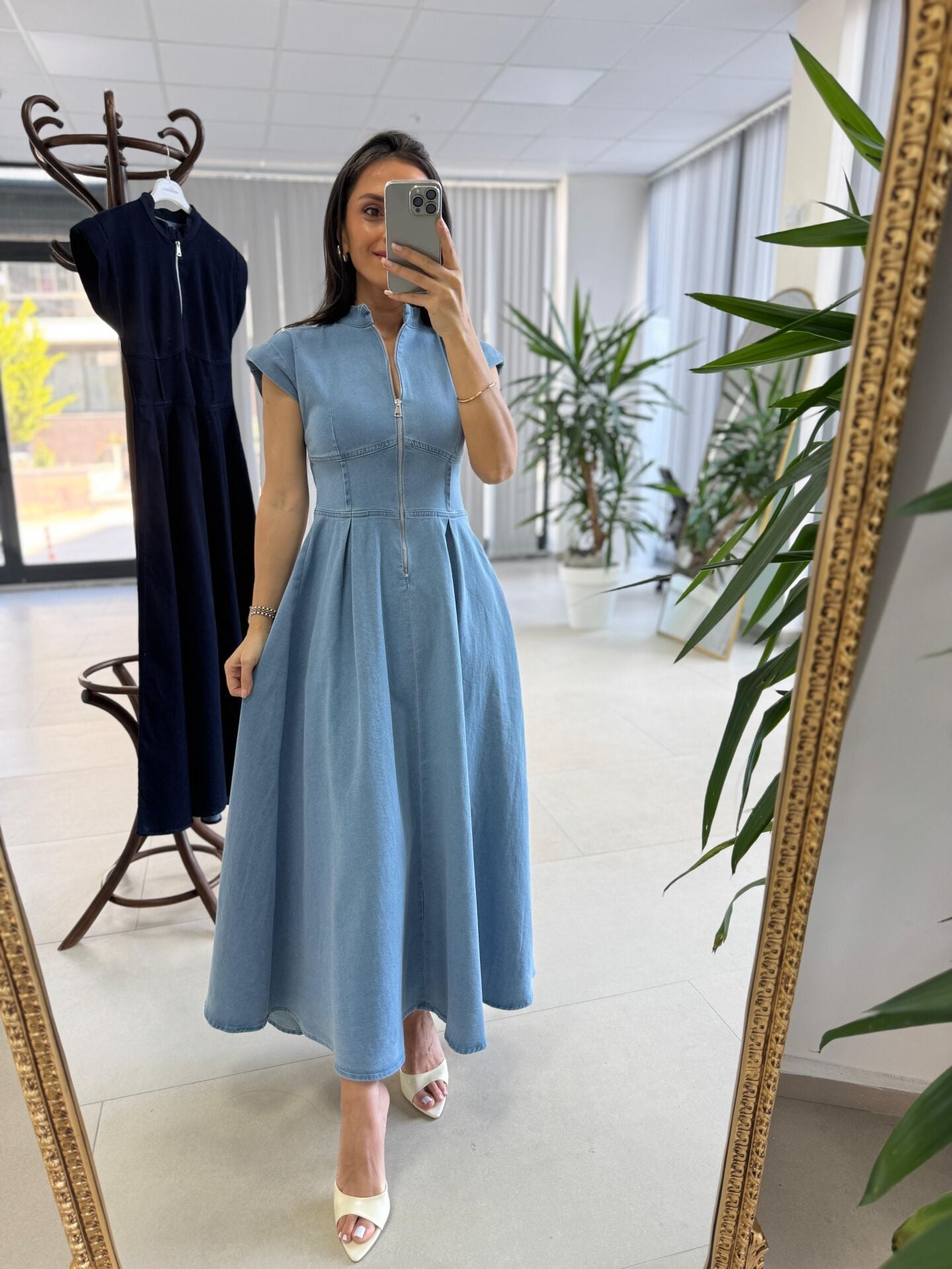 Nx 3004 Maksiboy Fermuarlı Buz Mavi Denim Elbise