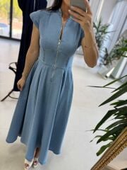 Nx 3004 Maksiboy Fermuarlı Buz Mavi Denim Elbise