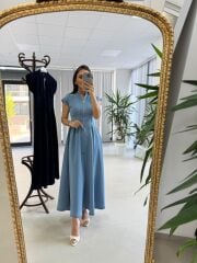 Nx 3004 Maksiboy Fermuarlı Buz Mavi Denim Elbise