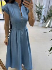 Nx 3004 Maksiboy Fermuarlı Buz Mavi Denim Elbise