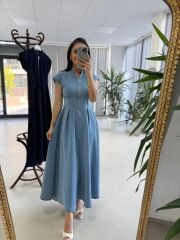 Nx 3004 Maksiboy Fermuarlı Buz Mavi Denim Elbise