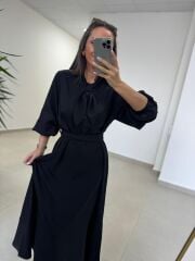 Fl 2348 Yaka Fular Detaylı Siyah Kuşaklı Elbise