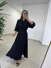 Fl 2348 Yaka Fular Detaylı Siyah Kuşaklı Elbise