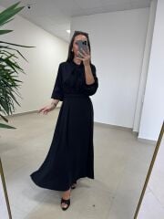 Fl 2348 Yaka Fular Detaylı Siyah Kuşaklı Elbise