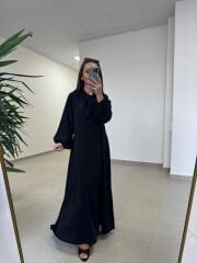 Fl 2348 Yaka Fular Detaylı Siyah Kuşaklı Elbise