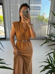 Mc 5667 Vatkalı Keten Camel Elbise