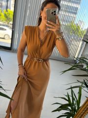 Mc 5667 Vatkalı Keten Camel Elbise