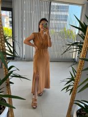 Mc 5667 Vatkalı Keten Camel Elbise