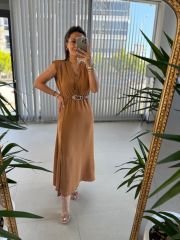 Mc 5667 Vatkalı Keten Camel Elbise