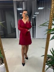 Mc Etek Ucu Volanlı Bordo Şifon Elbise