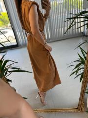 Mc 5667 Vatkalı Keten Camel Elbise