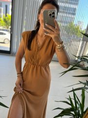 Mc 5667 Vatkalı Keten Camel Elbise