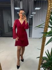 Mc Etek Ucu Volanlı Bordo Şifon Elbise