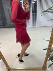 Mc Etek Ucu Volanlı Bordo Şifon Elbise