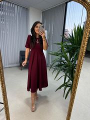 My 3578 Fiyonk Broşlu Bordo Elbise