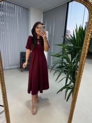 My 3578 Fiyonk Broşlu Bordo Elbise