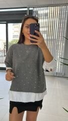Poplin Detaylı Taşlı Gri Sweat