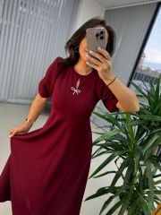 My 3578 Fiyonk Broşlu Bordo Elbise XL