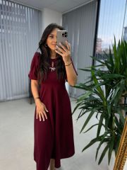 My 3578 Fiyonk Broşlu Bordo Elbise