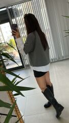 Poplin Detaylı Taşlı Gri Sweat